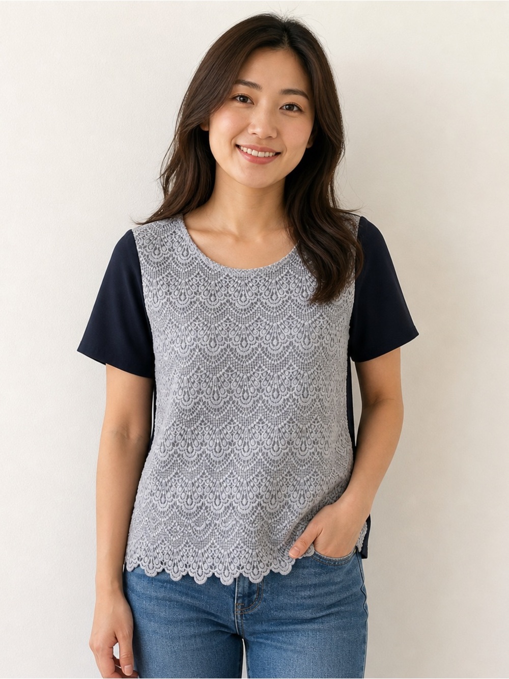J. Crew Factory Grey Crochet Accent Top Size M